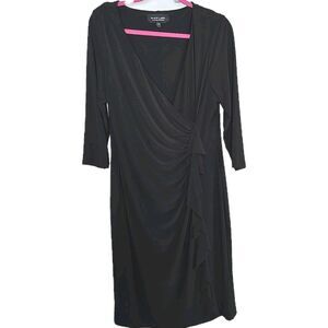 Black Label by Evan Picone Black Dress Faux Wrap Elegant Size 16 Stretchy Midi